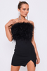 Black Feather Strapless Bodycon Slit Dress