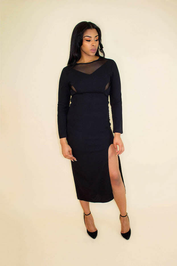 Black High Slit Mesh Long Sleeve Dress