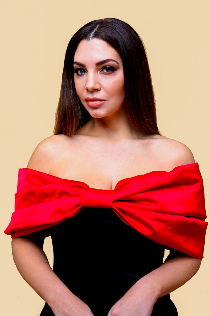 Black Off Shoulder Red Bow Detail Midi Dress