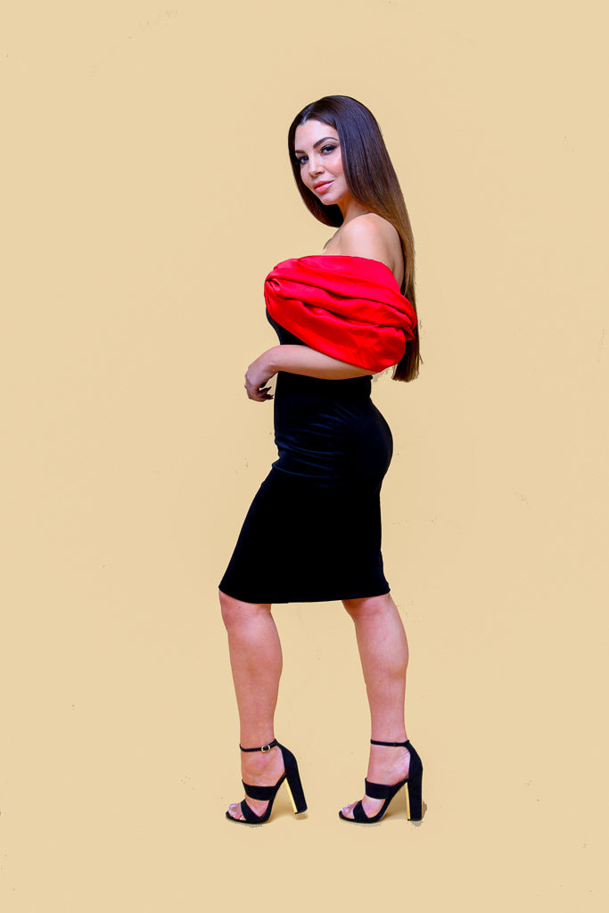 Black Off Shoulder Red Bow Detail Midi Dress