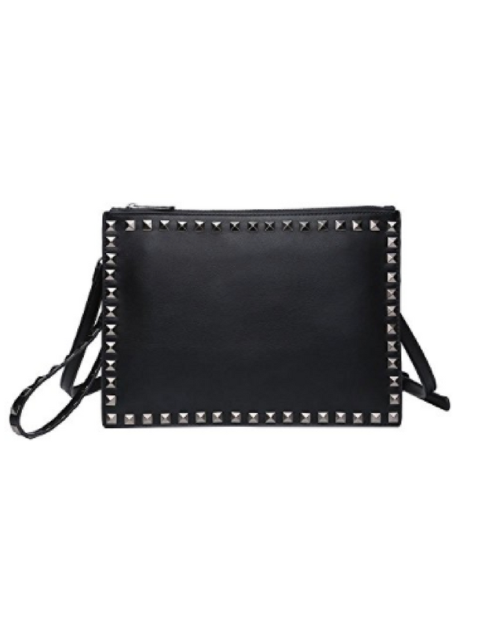 Large Black Studded Leather Clutch Handbag