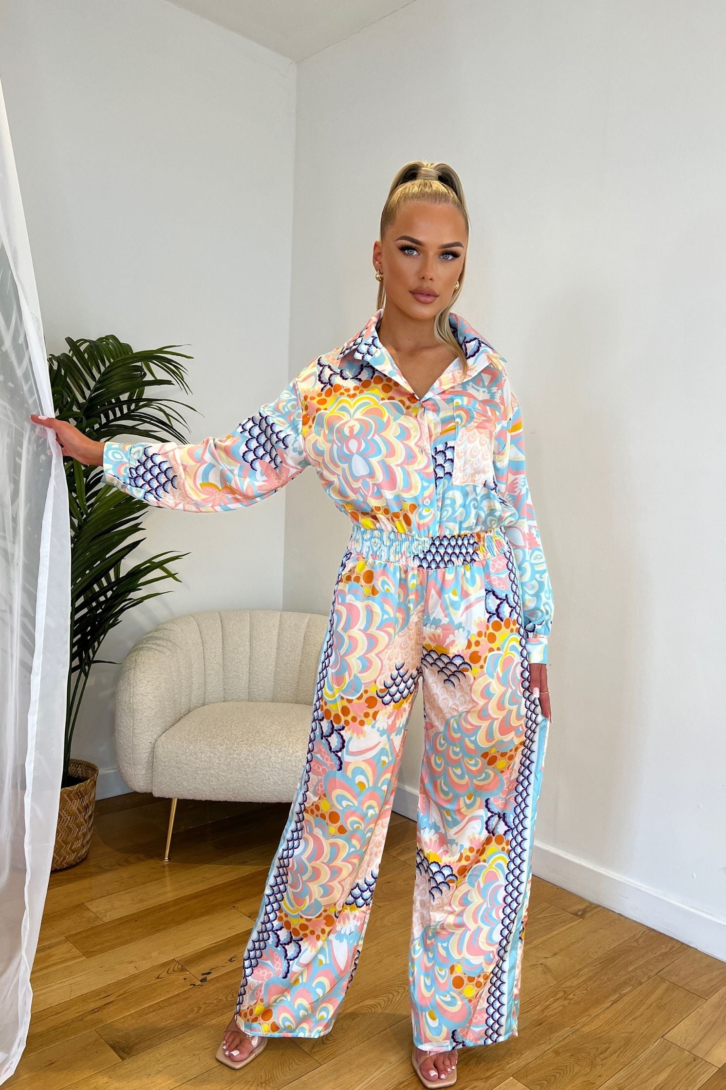 Blue Satin Flower Print Wide Leg Jumpsuit