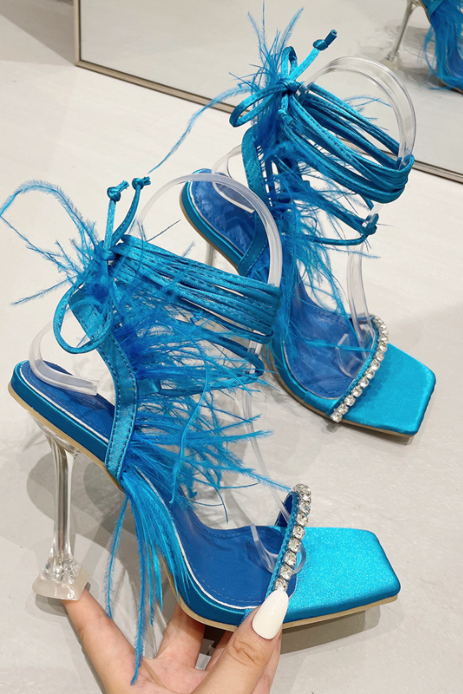 Square Toe Rhinestone Feather Lace Up Heels