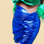 Blue Metallic Asymmetric Ruched Mini Skirt