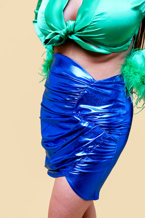 Blue Metallic Asymmetric Ruched Mini Skirt