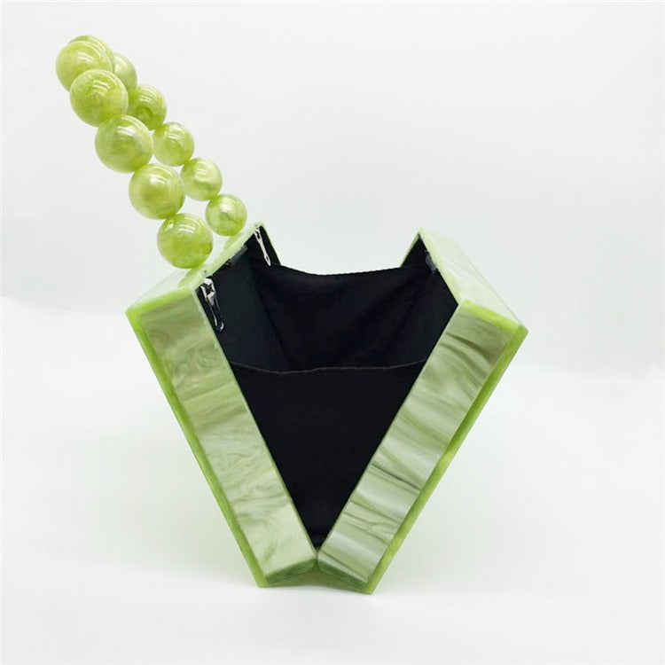 Green Acrylic Beaded Handle Square Clutch Bag