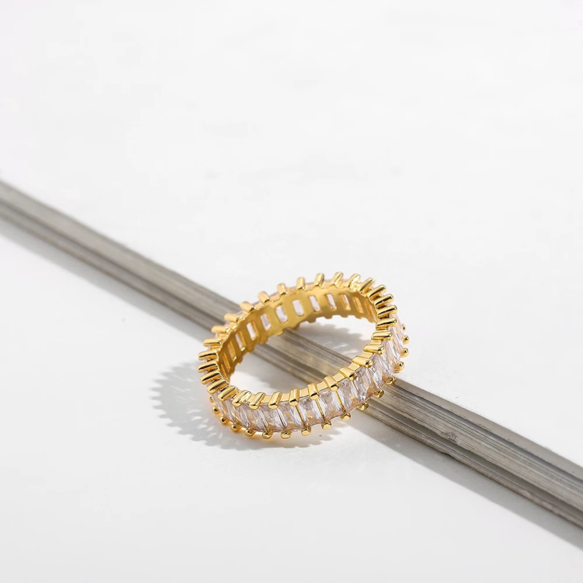 Gold Crystal Baguette Cut Eternity Band Ring