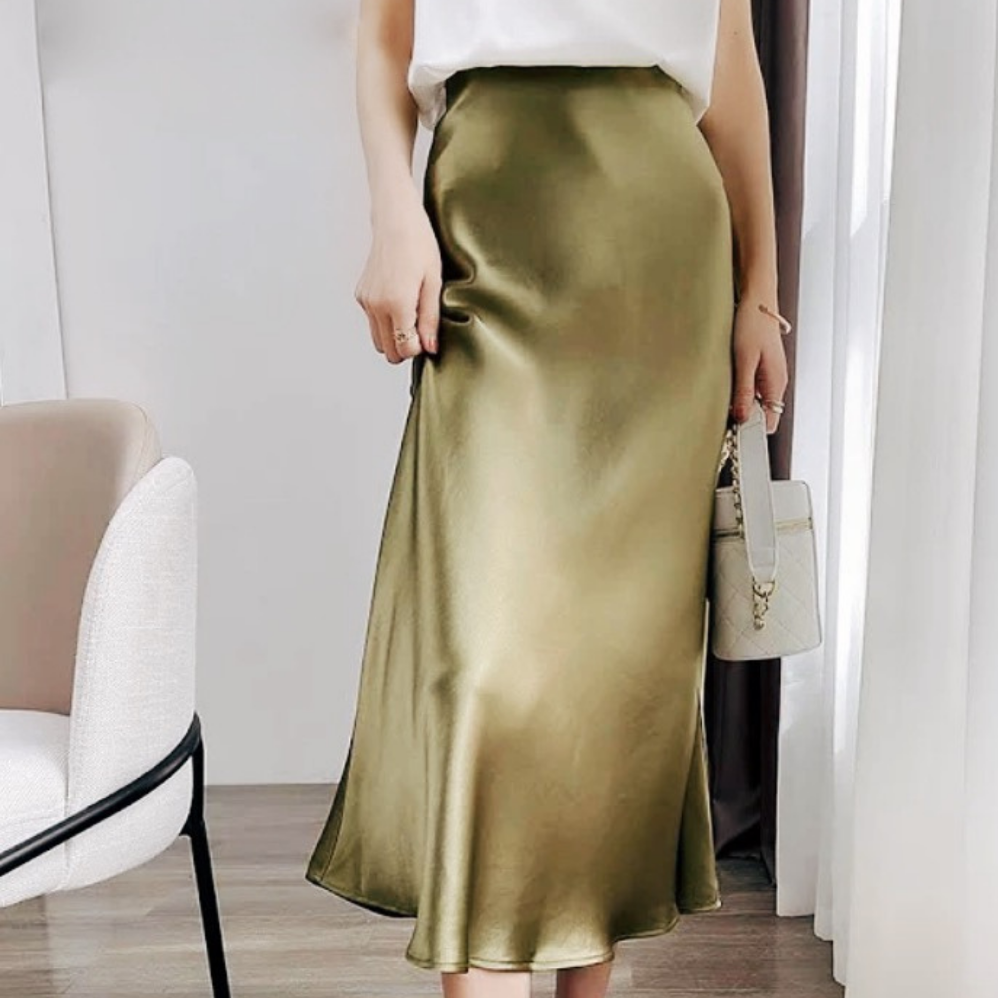 Satin A Line Midi Skirt