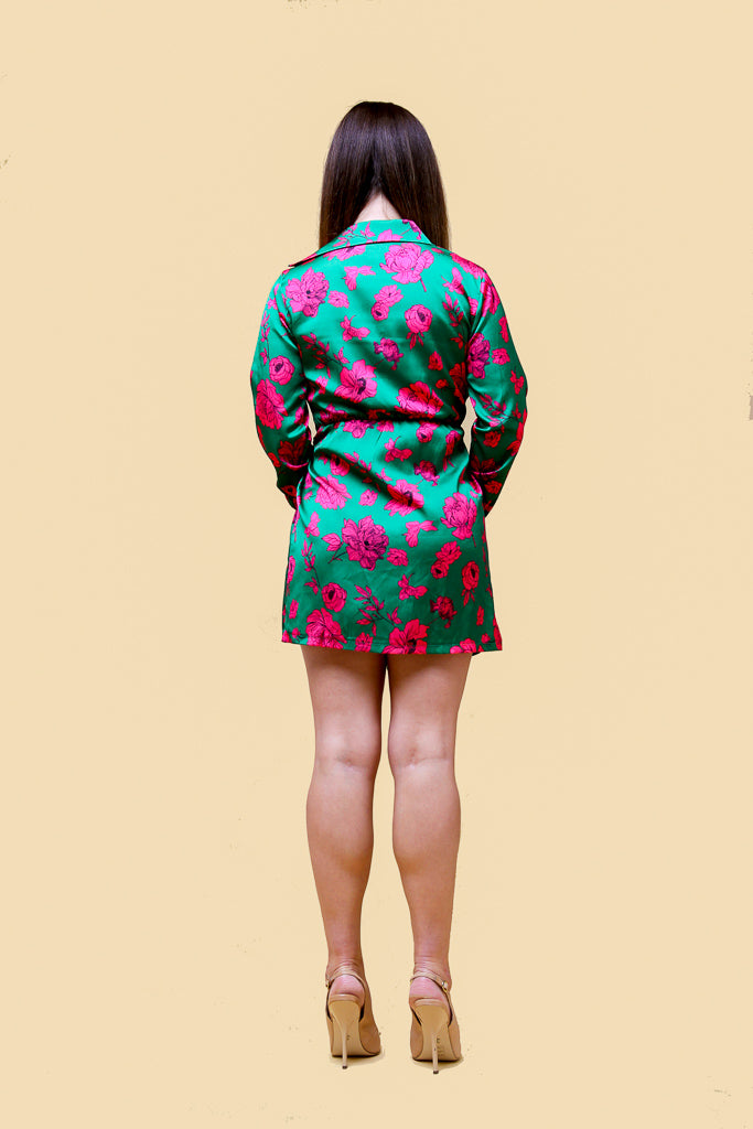 Green and Pink Floral Print Shirt Collar Wrap Dress