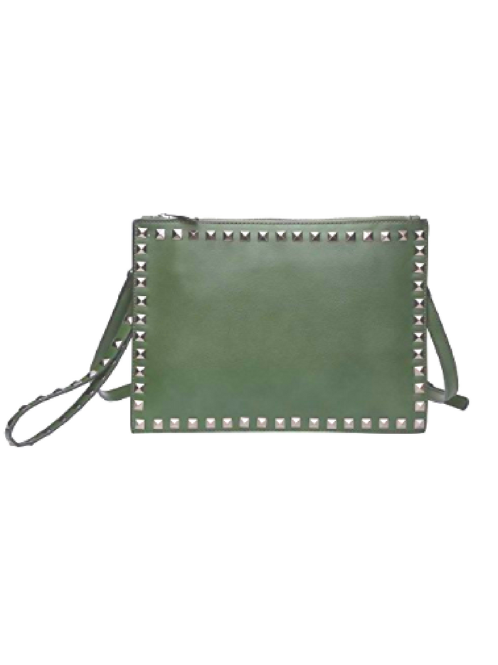 Large Khaki Studded Leather Clutch Handbag