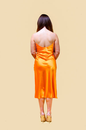 Orange Satin Silk Diamante Strap Midi Dress