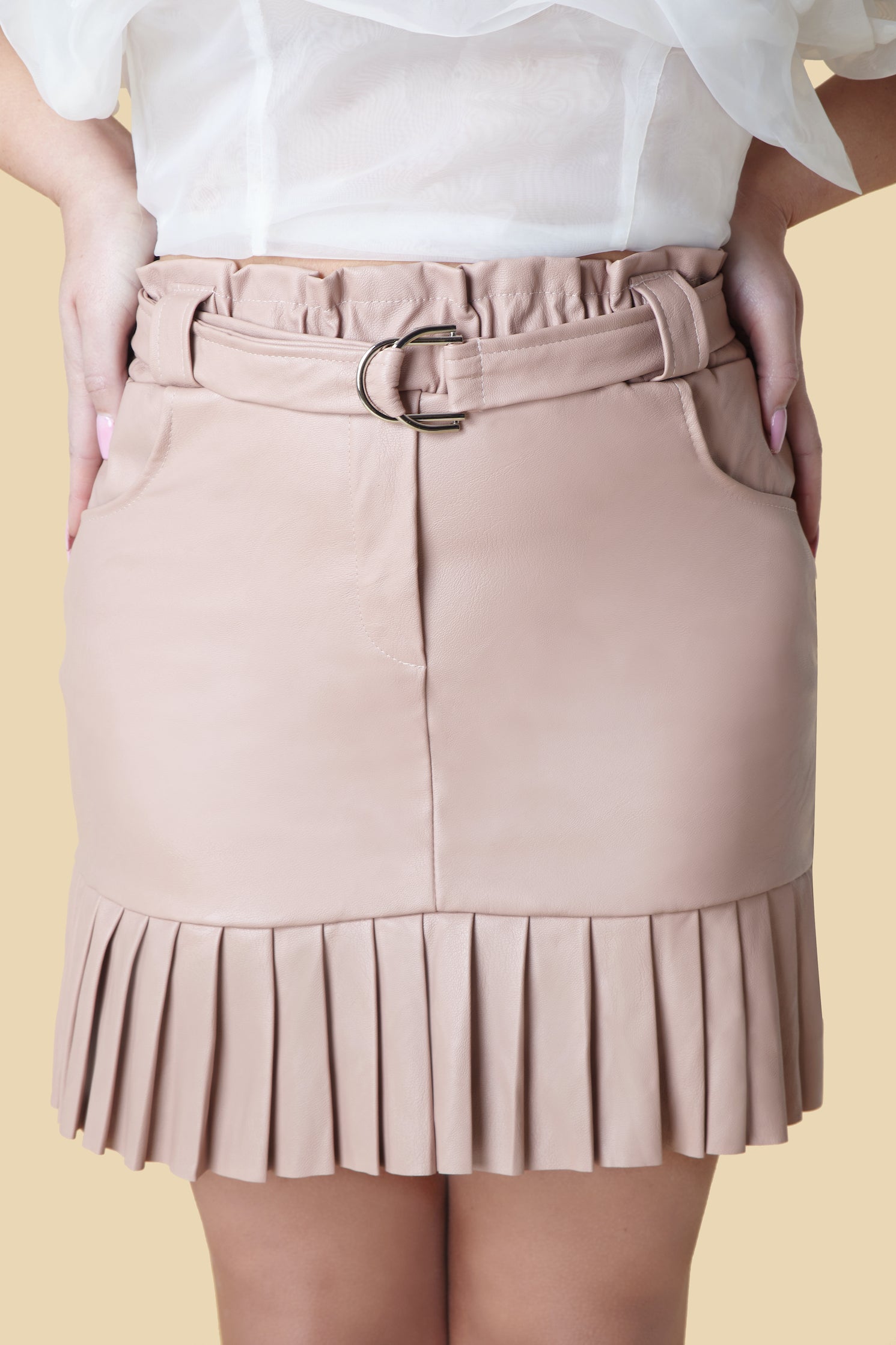 Pink Faux Leather Belt Detail Mini Skirt