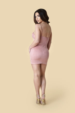 Pink Strappy Suede Ruched Mini Dress