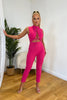 Pink Criss Cross Lace Up High Neck Bodycon Jumpsuit