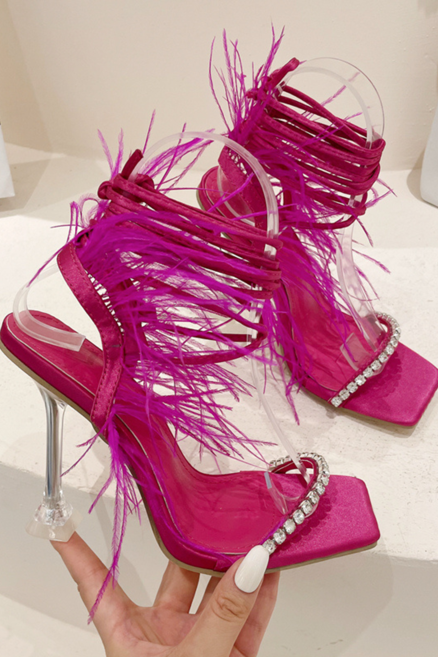 Square Toe Rhinestone Feather Lace Up Heels