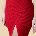 Red Knitted High Slit Midi Skirt