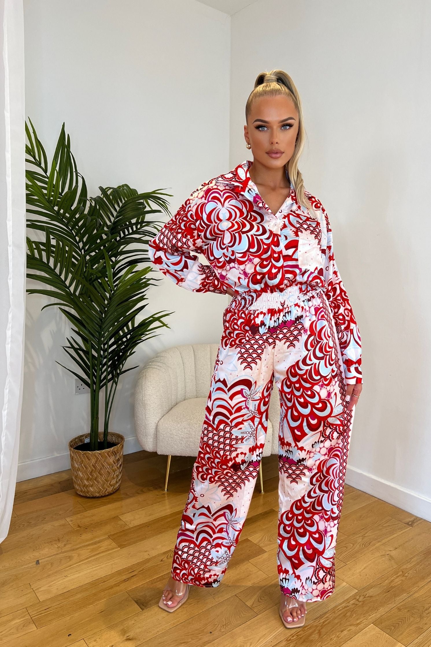 Red Satin Flower Print Wide Leg Jumpsuit
