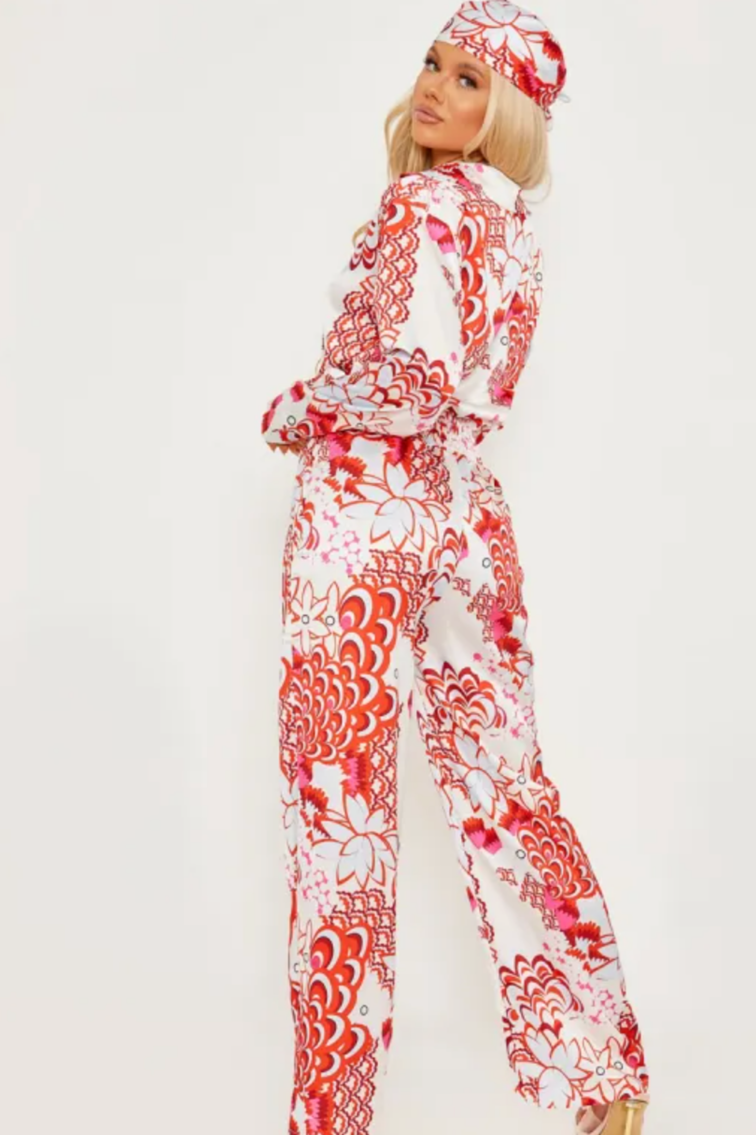 Red Satin Flower Print Wide Leg Jumpsuit