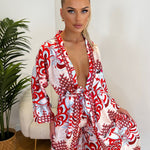 Red & White Floral Print Belted Kimono Top with Matching Trousers Co-Ord