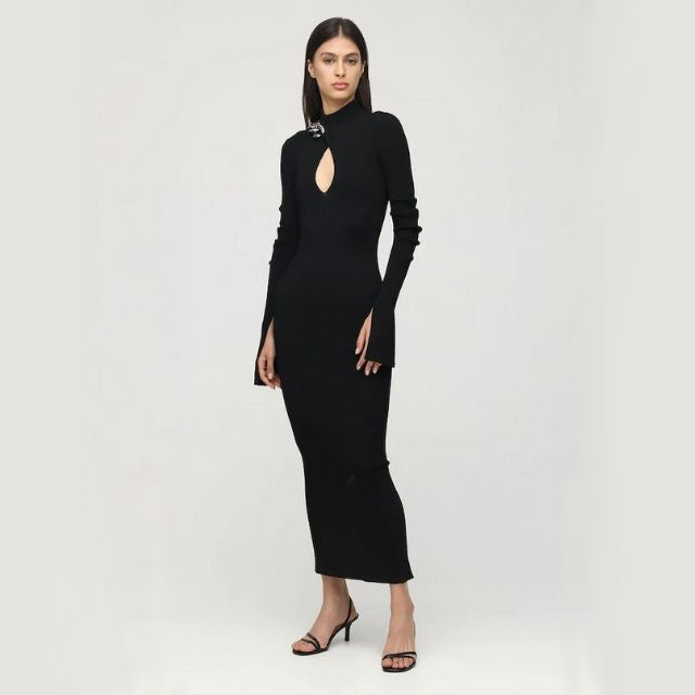 Ribbed Chain Embellished Turtleneck Midi Dress