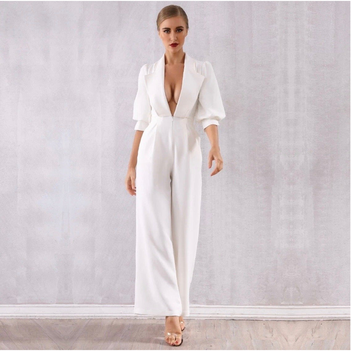 White Deep V-Neck Long Sleeve Jumpsuit