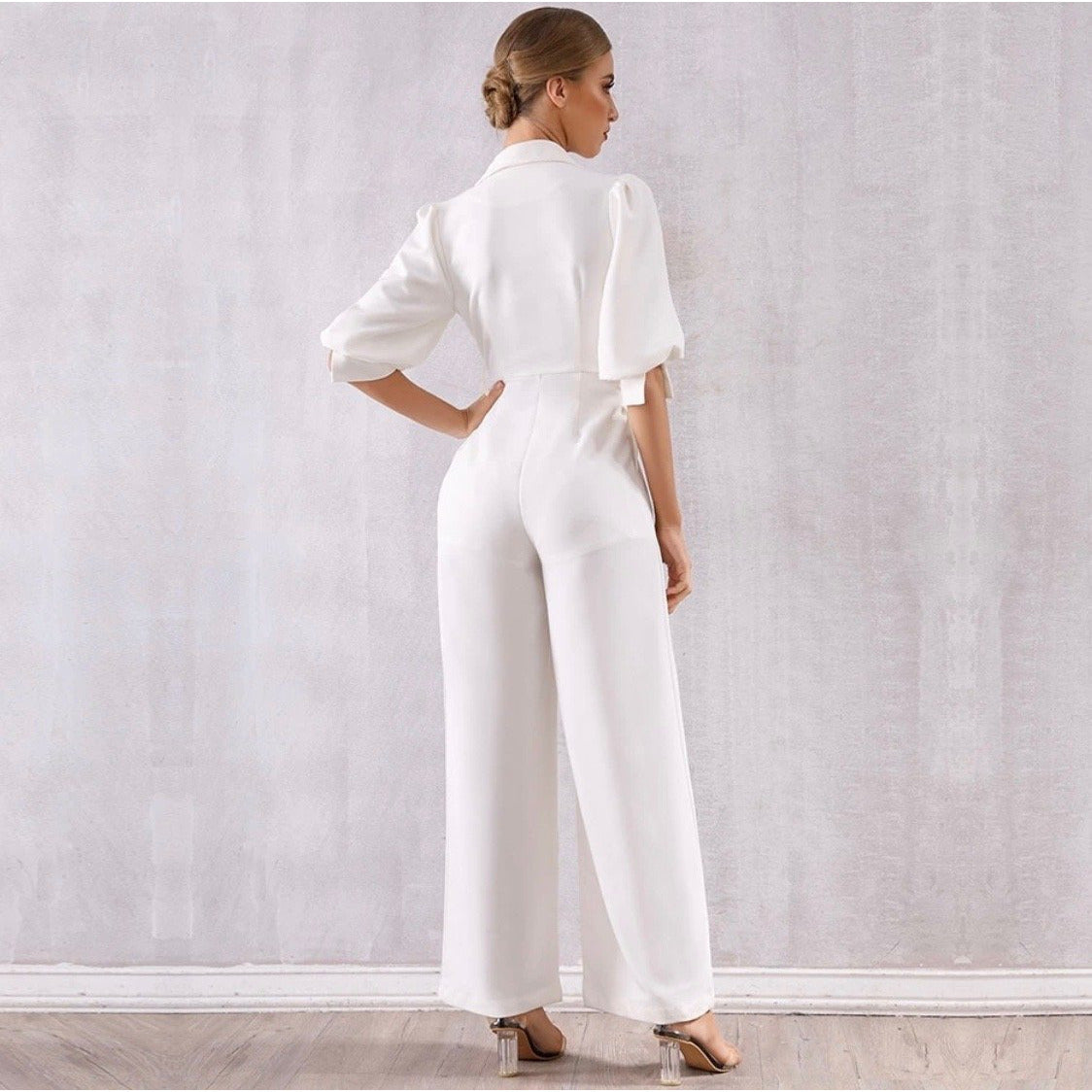 White Deep V-Neck Long Sleeve Jumpsuit