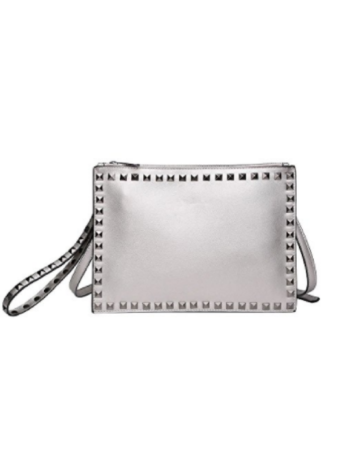 Large Silver Studded Leather Clutch Handbag