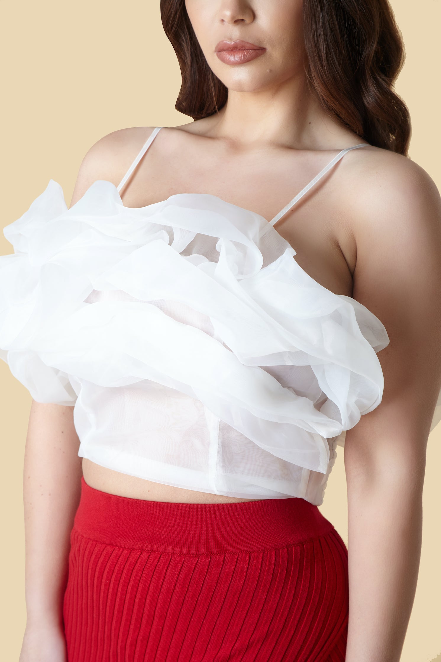 White Organza Ruffle Strappy Top