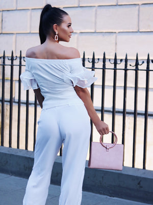 White Off Shoulder Frill Sleeve Top