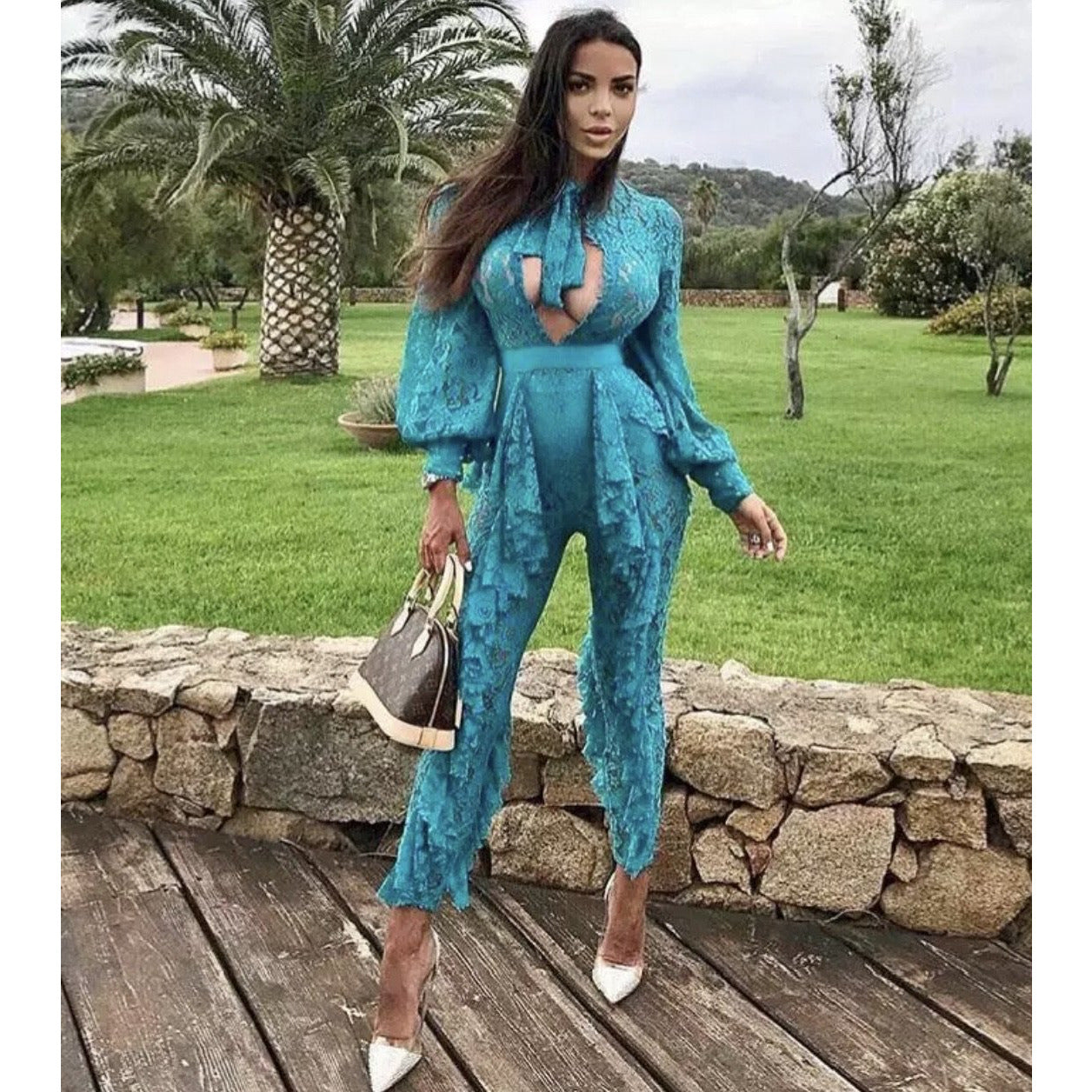 Long Sleeve Keyhole Lace Ruffles Jumpsuit