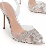Pointed Toe Crystal Embellished PVC Slingback Heel