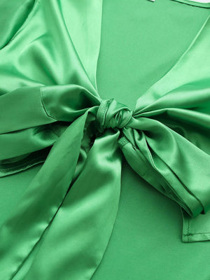 Green Satin Fluffy Cuff Tie Front Crop Top