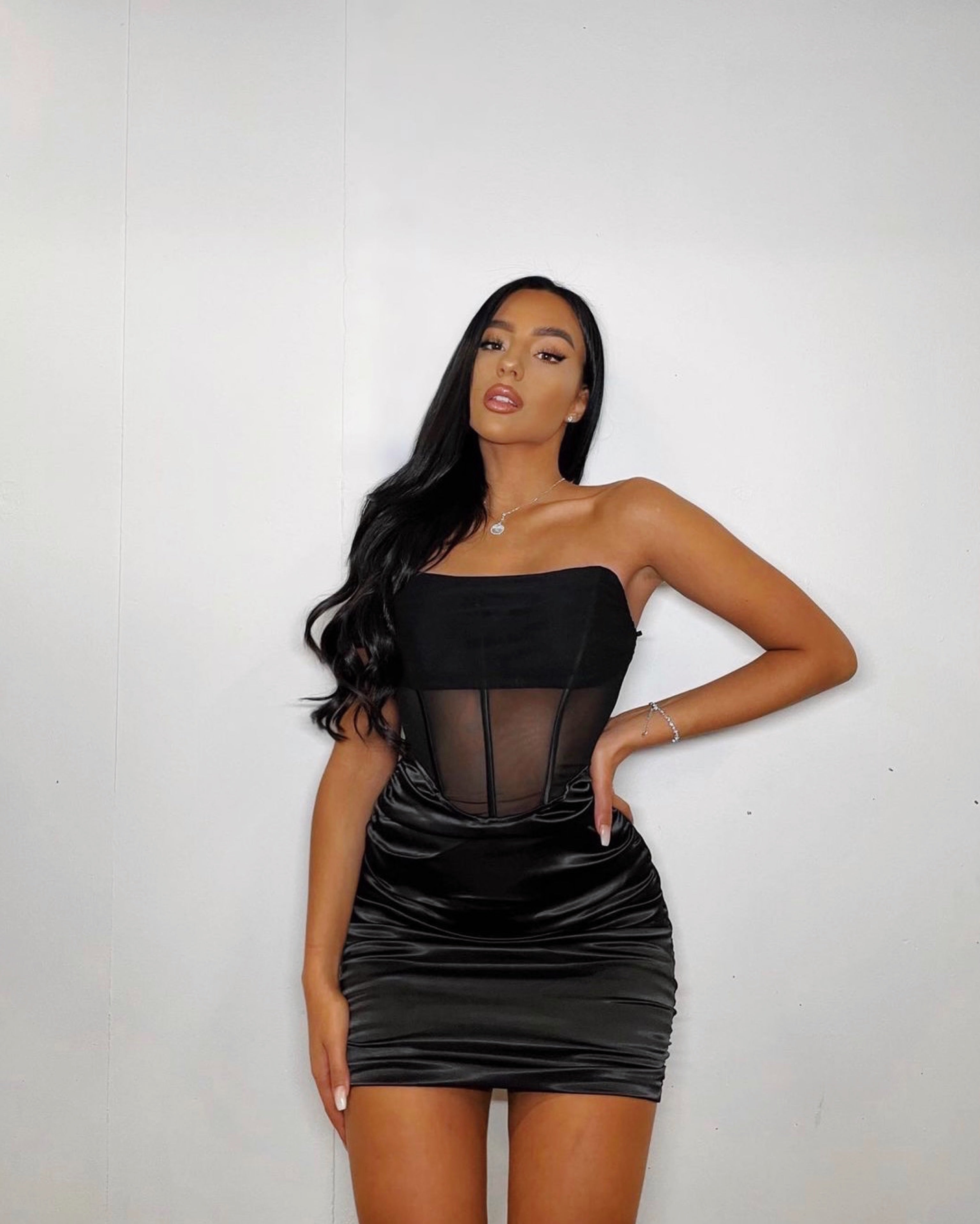 Black Mesh Strapless Corset Satin Bodycon Dress