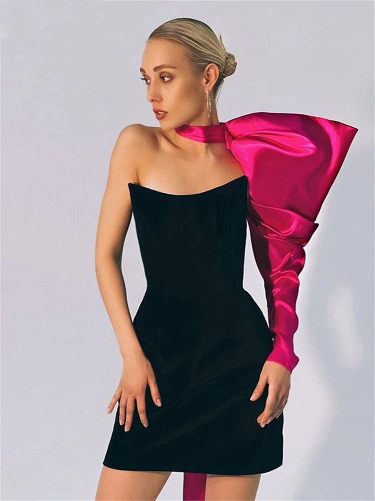 Black One Shoulder Puff Sleeve Bodycon Dress