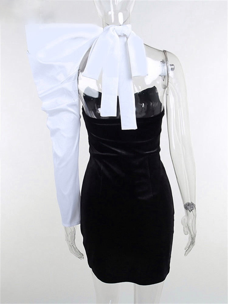 Black One Shoulder Puff Sleeve Bodycon Dress