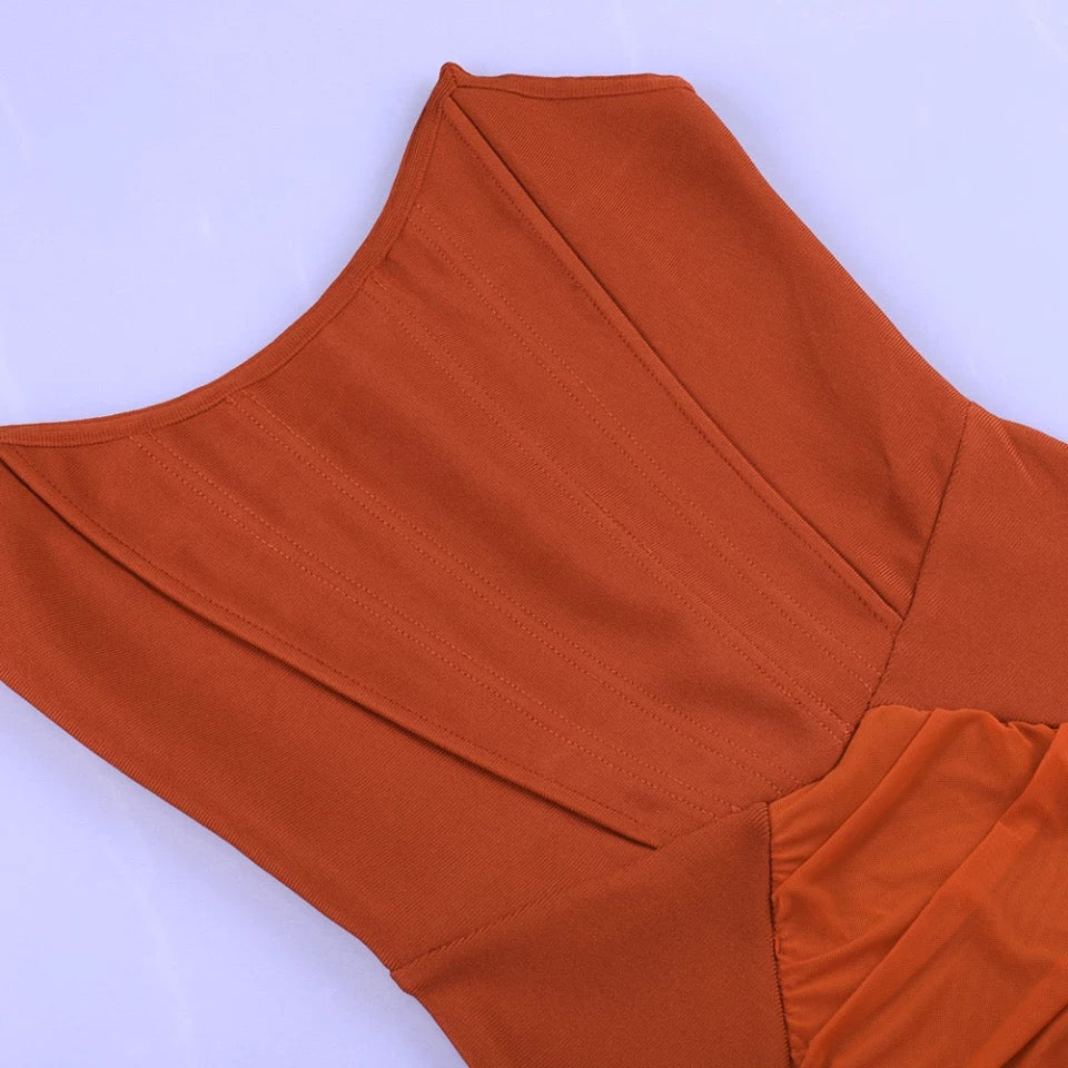 Burnt Orange Corset Bodycon Midi Dress