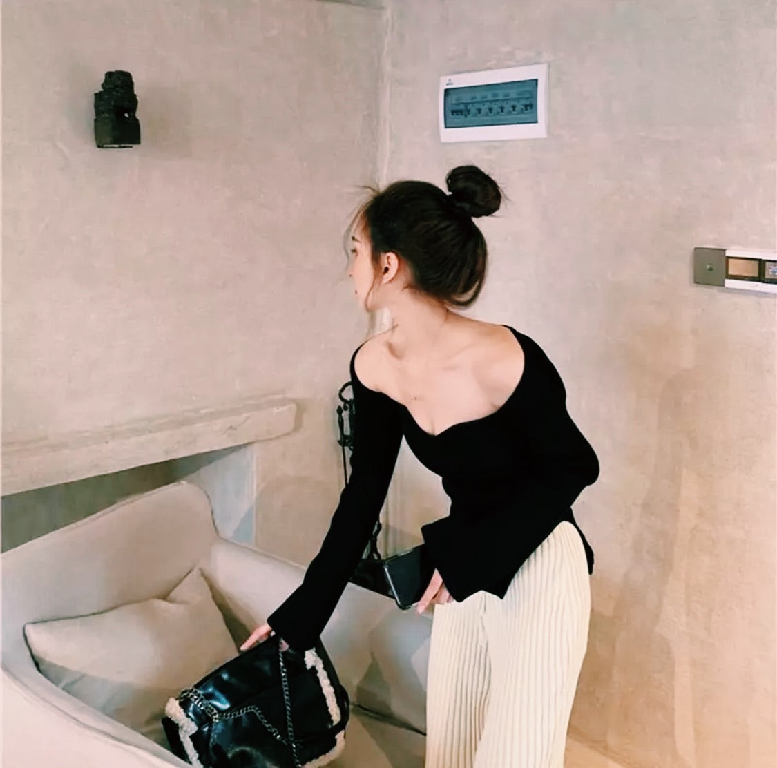 Ribbed Square Neck Bustier Long Sleeve Top