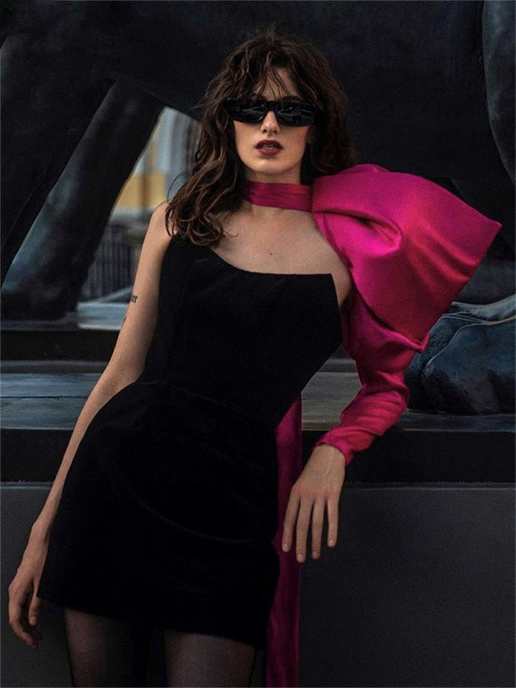 Black One Shoulder Puff Sleeve Bodycon Dress