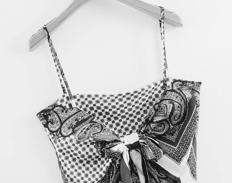 Black & White Scarf Print Tie Back Satin Top