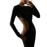 Black Cut Out Open Back Long Sleeve Midi Dress