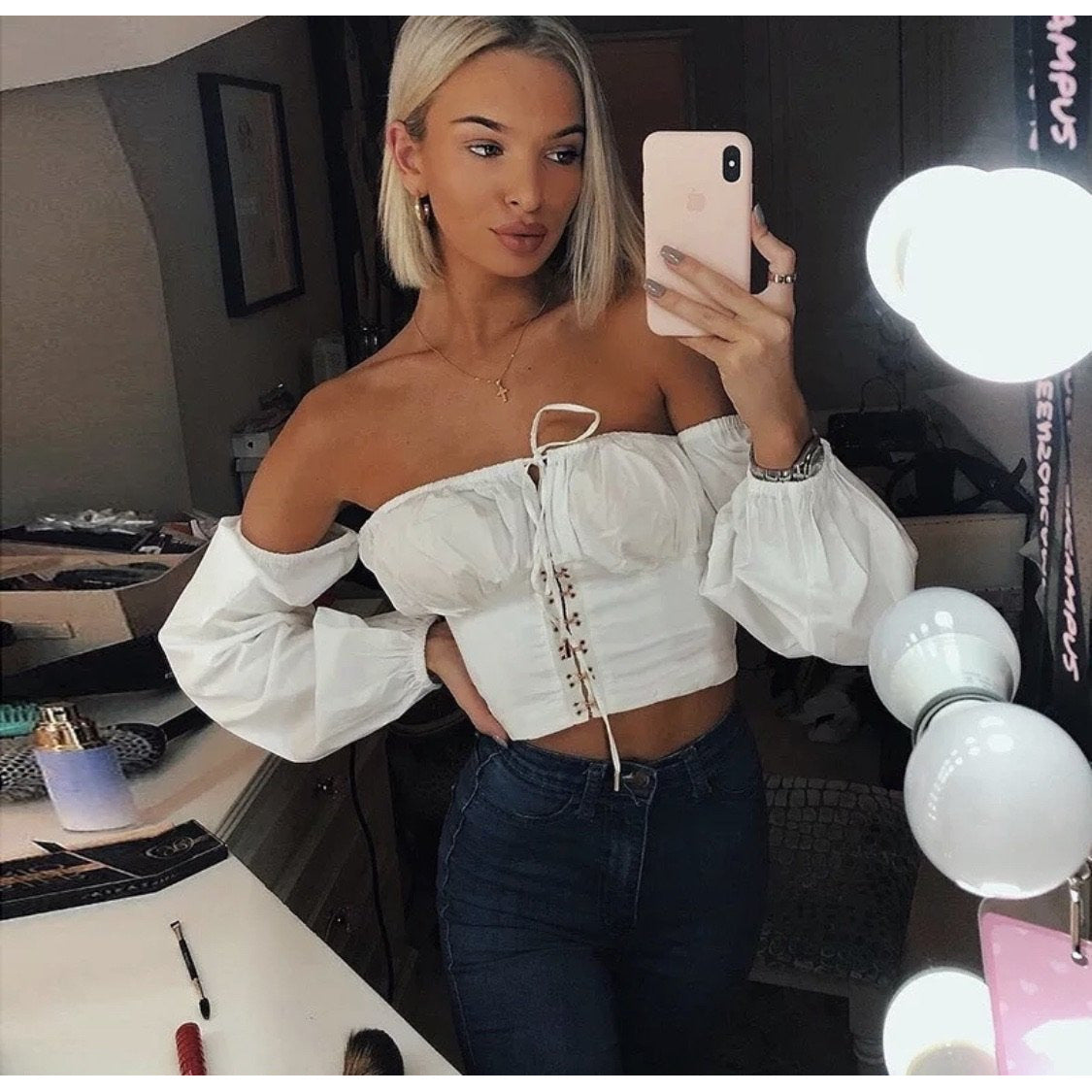 Puff Sleeve Hook and Eye Crop Top