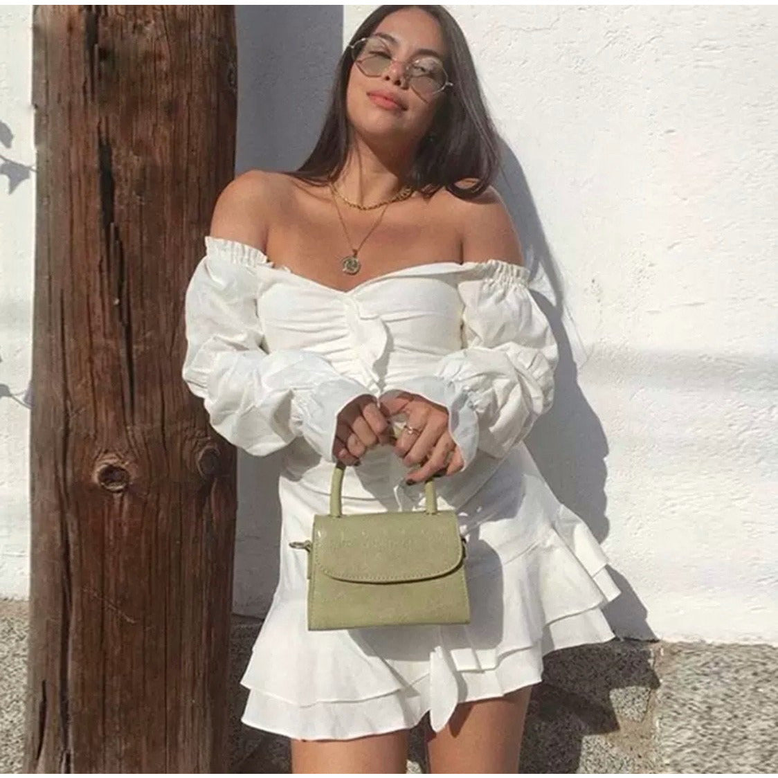 White Off Shoulder Ruffle Mini Dress