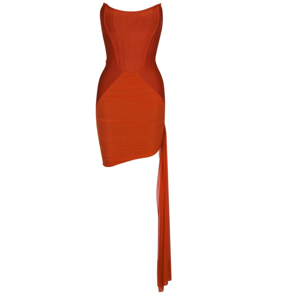 Burnt Orange Corset Bodycon Midi Dress