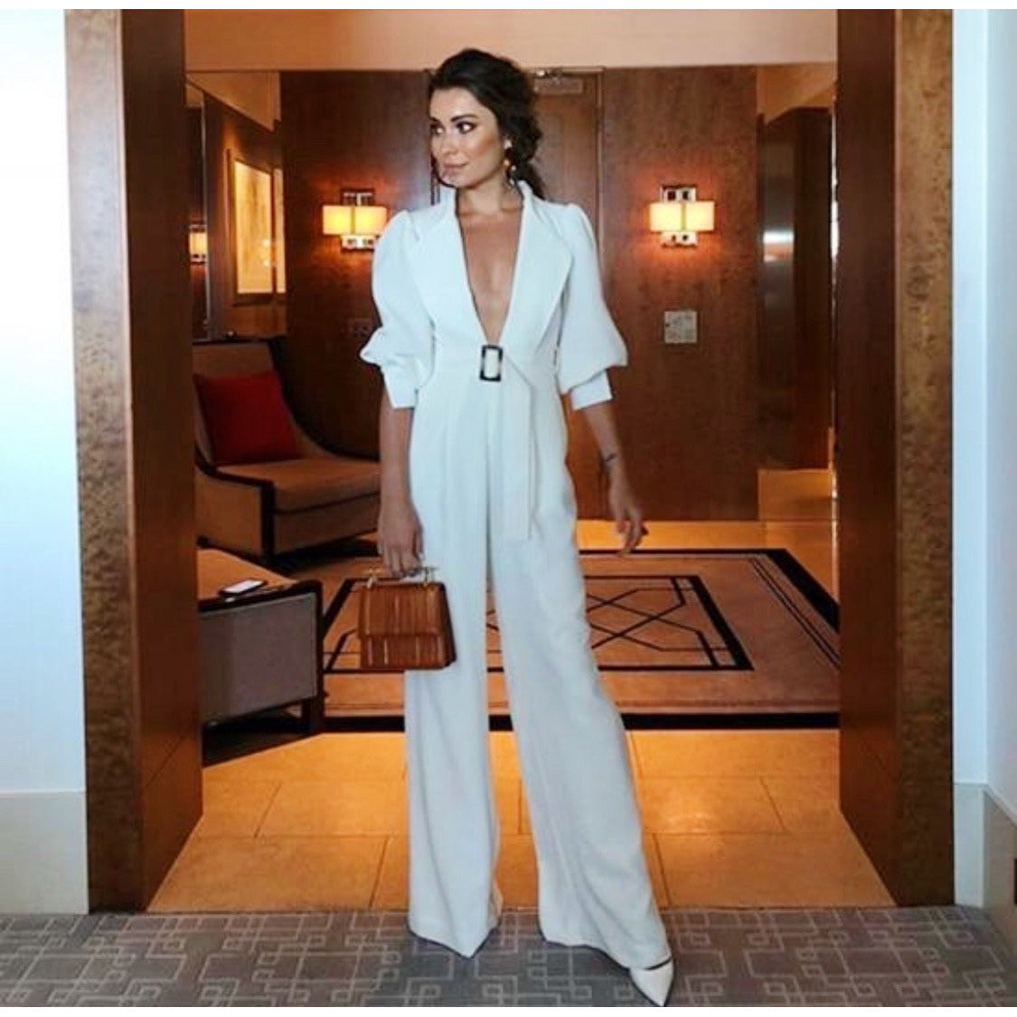 White Deep V-Neck Long Sleeve Jumpsuit