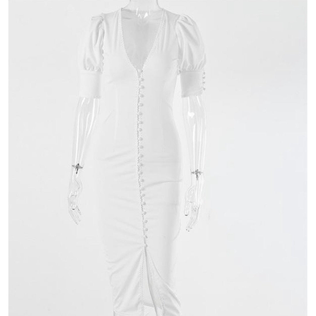 White Puff Sleeve V Neck Button Midi Dress
