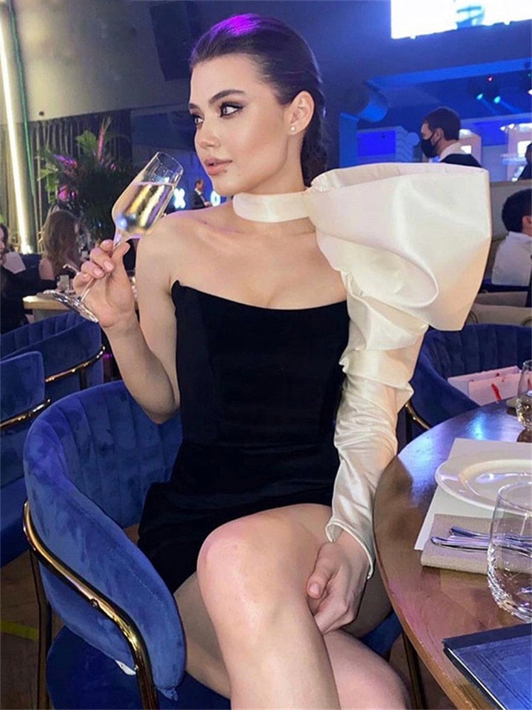 Black One Shoulder Puff Sleeve Bodycon Dress