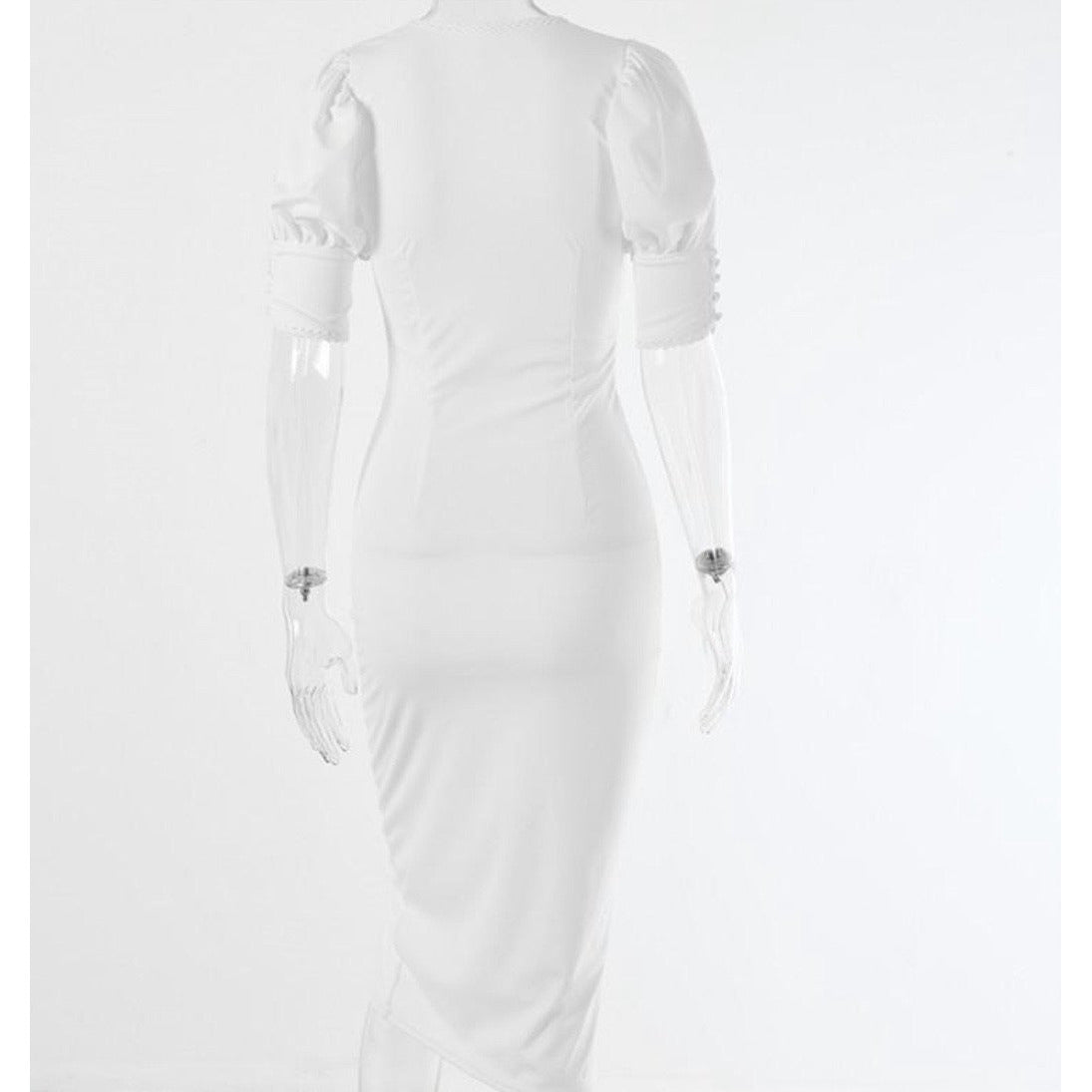 White Puff Sleeve V Neck Button Midi Dress