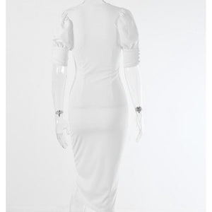 White Puff Sleeve V Neck Button Midi Dress