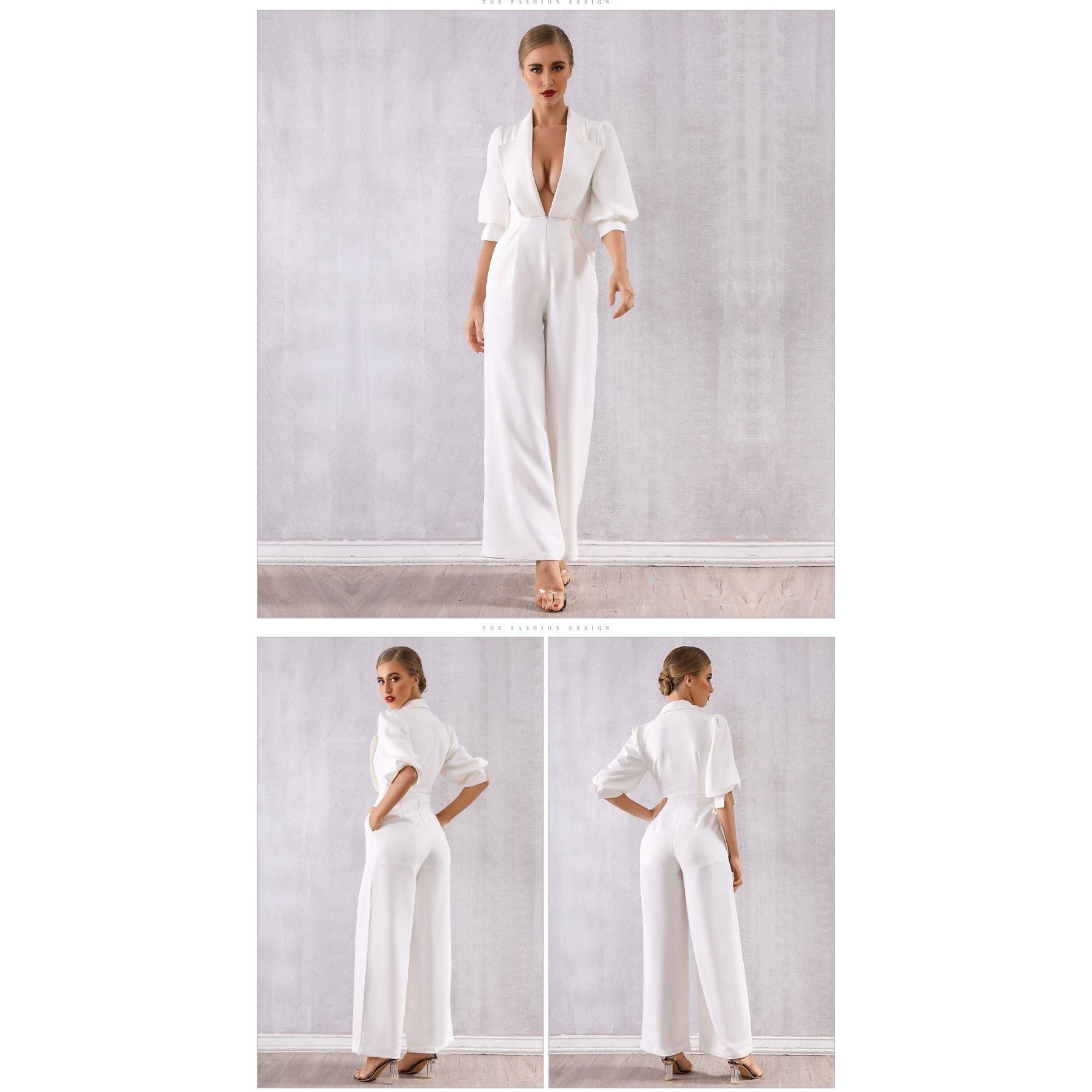 White Deep V-Neck Long Sleeve Jumpsuit