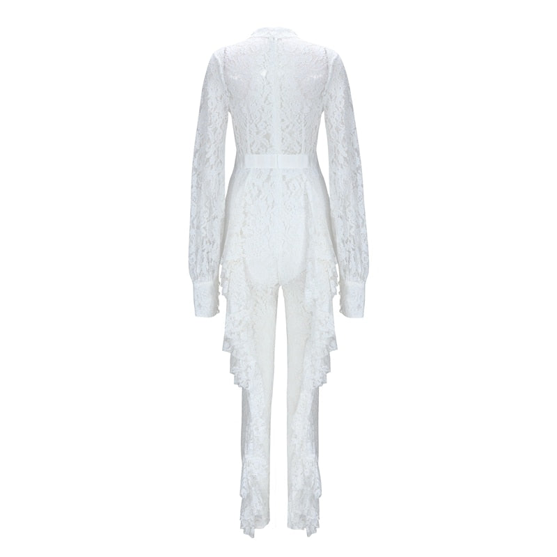 Long Sleeve Keyhole Lace Ruffles Jumpsuit